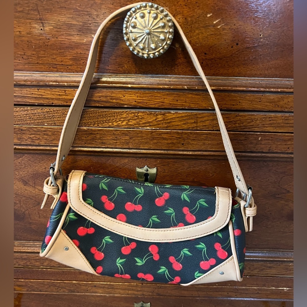 Whatever Forever Black Cherry Print Shoulder Bag with Tan Trim